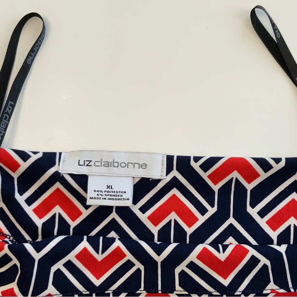Liz Claiborne Dress XL Midi, Red White Blue Geometric Design, 3/4 Sleeves. - Picture 4 of 9